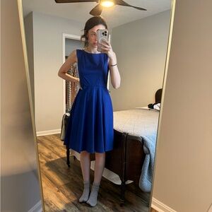 Blue Pleated A-Line Midi Dress for Wedding Guest